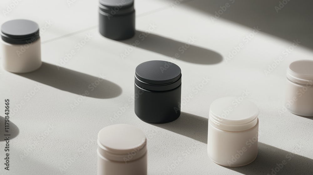 Poster group of six small white jars with black lids arranged in a row on a white surface. the jars are of 