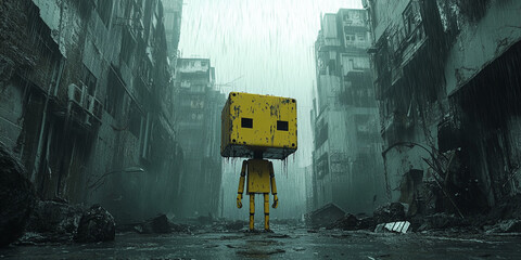 Yellow robot in a dystopian rainy city alley with abandoned buildings