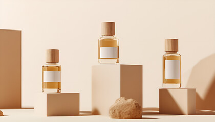 Glass bottles with cork lids on cardboard blocks symbolize sustainable packaging