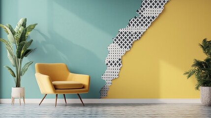 A contemporary room with geometric patterned wallpaper, partially torn to reveal a clean, solid-colored wall beneath.