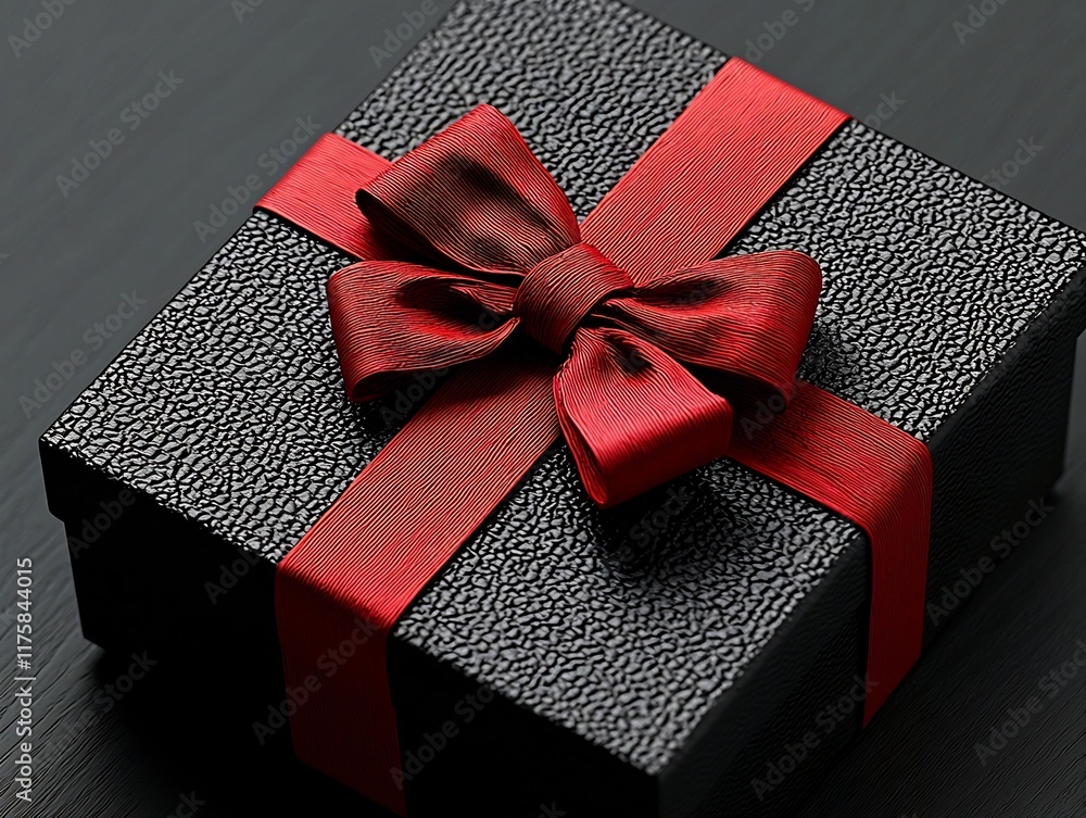 Aufkleber close up of a closed gift box wrapped with a decorative red ribbon featuring intricate folds and a s