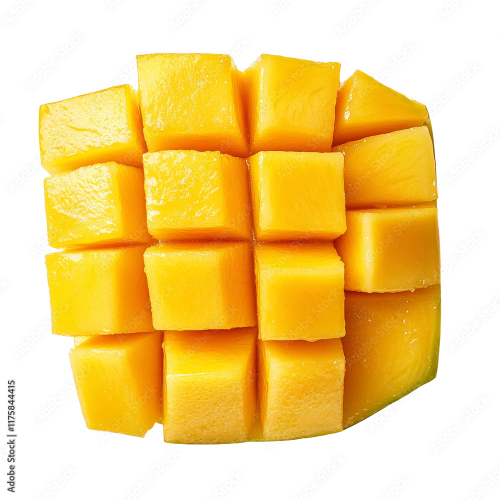 Poster fresh mango slice cut into cubes isolated on a transparent background for culinary use or healthy ea