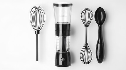 A black and white image of a kitchen with a mixer, whisk, and spatula
