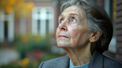 Elderly woman with a distant look standing outside, symbolizing Alzheimer’s awareness and memory loss, set against soft autumn tones for healthcare campaigns