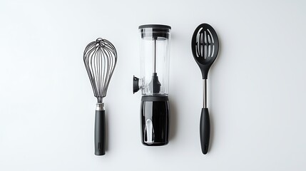 A black and silver whisk, a black and silver mixer, and a black