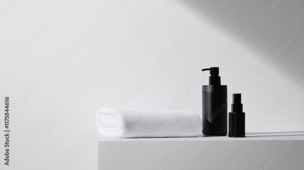 Poster White towel and two black bottles on a white surface. the bottles are cylindrical in shape with a pump dispenser on top. the bottle on the left is slightly larger than the one on the right.