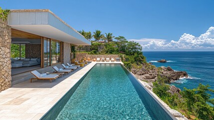 Fototapeta premium A luxurious villa with an infinity pool overlooking the ocean and tropical landscape.