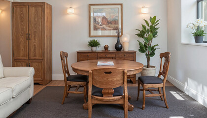 Fototapeta premium Wooden dining furniture in a bright, modern living room