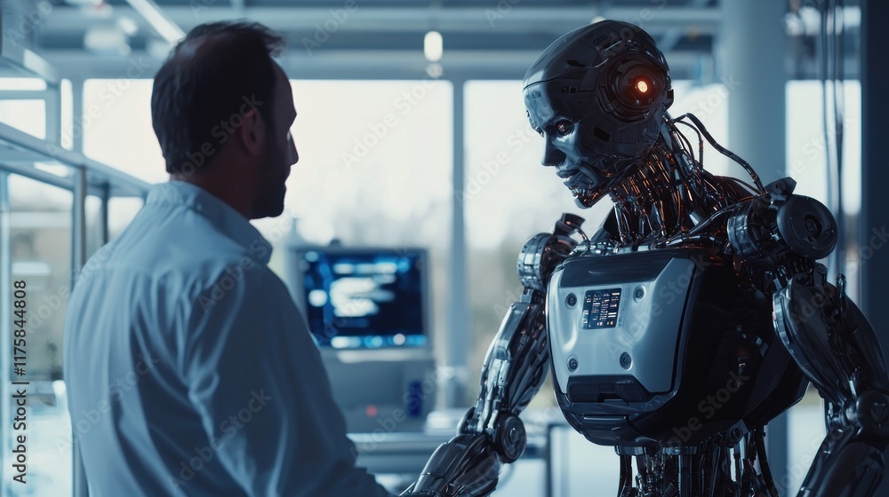 Poster humanoid robot and scientist collaborate in a futuristic laboratory