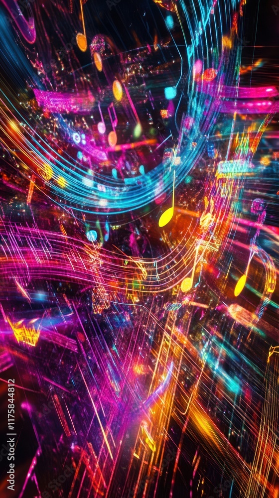 Poster vibrant abstract digital art representation of music with colorful notes and light trails capturing 
