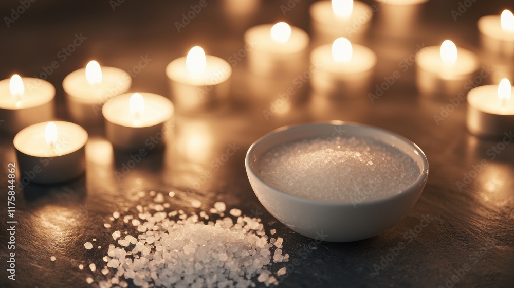 Poster group of white candles arranged in a circle on a dark surface. the candles are lit, creating a warm 