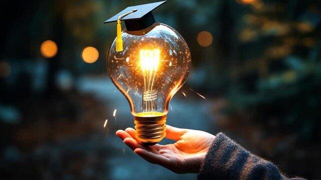 Glowing light bulb with a graduation cap floating in a hand, representing education, innovation, and inspiration for International Day of Education promotions or final exam visuals.