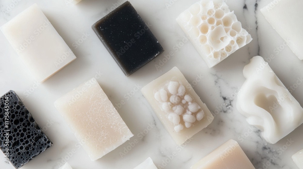 Poster collection of different types of soaps arranged on a white marble surface. there are nine soaps in t
