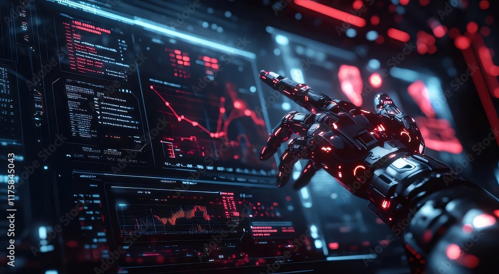 Poster robotic hand interacts with digital data on a futuristic screen.