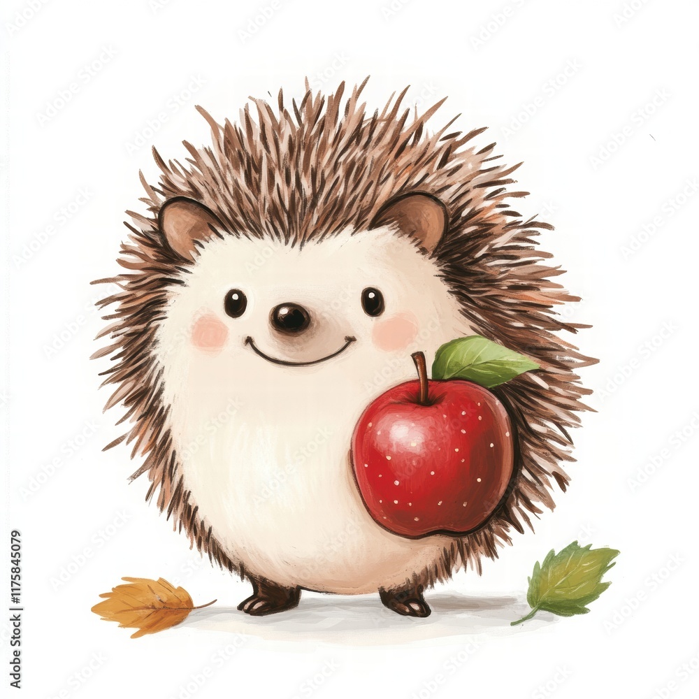 Aufkleber cute hedgehog holding a red apple surrounded by colorful leaves in a cheerful autumn setting. genera