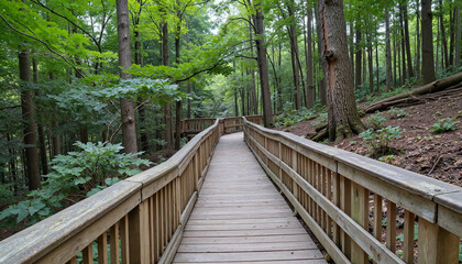 Obraz premium Wooden boardwalk through lush green forest