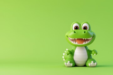 Fototapeta premium Cute alligator cartoon character with a surprised look on a green background, providing space for text. Stock image.