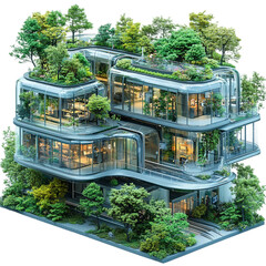 Obraz premium A transparent model of a smart city hub with interconnected buildings on a transparent background , green rooftops, and visible public transport systems, Smart City Hub Design on a transparent 