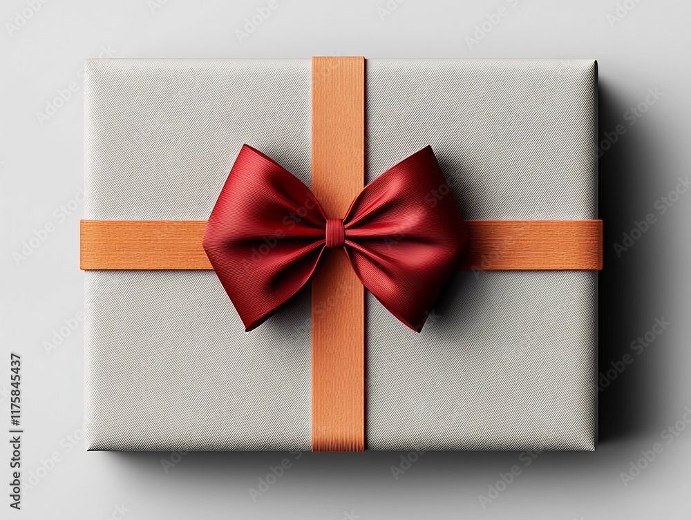Poster elegantly wrapped 3d gift box with bright crimson bow and intricate sparkling metallic texture in mo