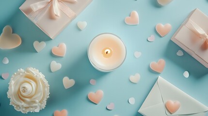 Fototapeta premium Romantic Pastel Scene With Gifts Candle And Hearts