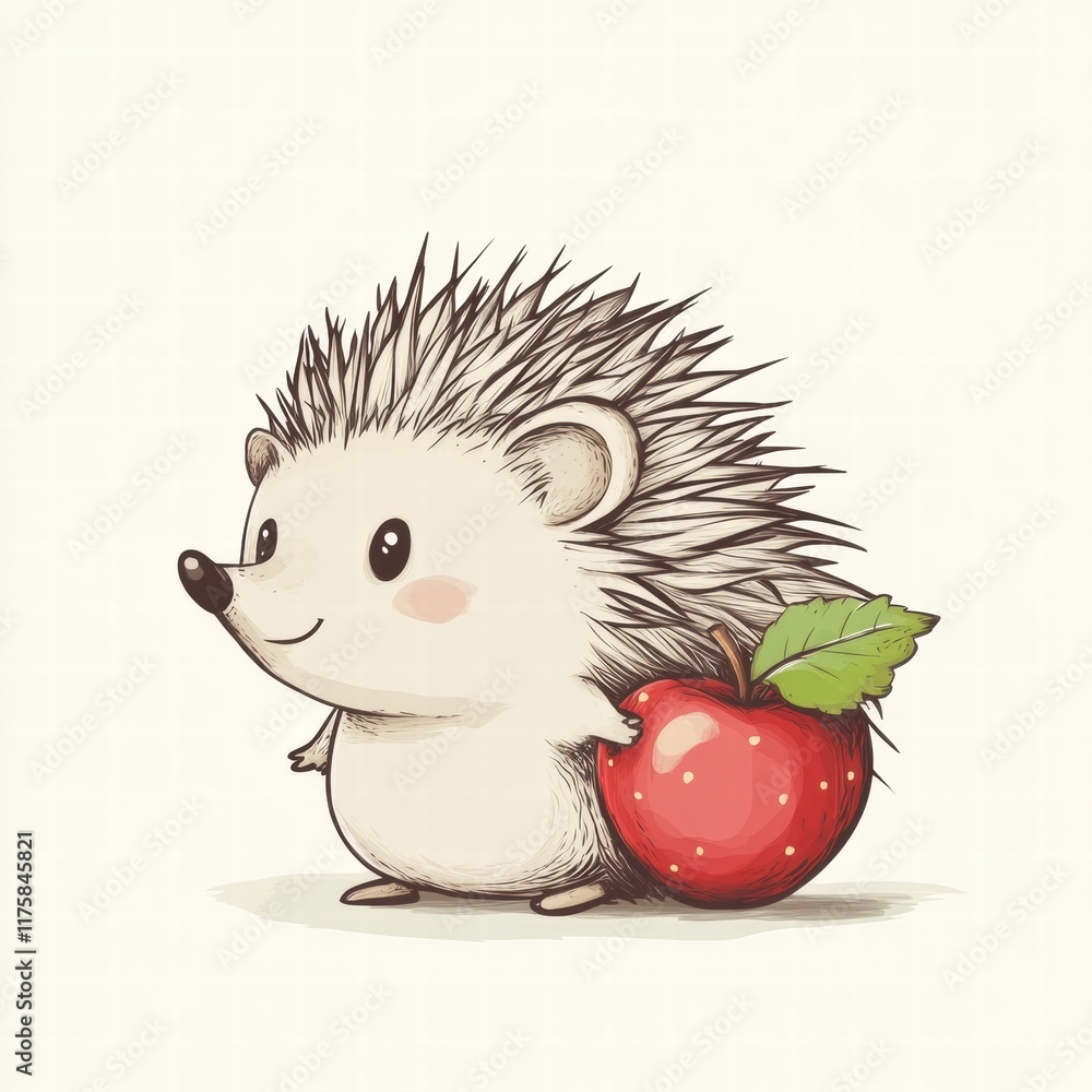 Poster Cute hedgehog with a red apple smiling in a playful forest setting during a sunny day. Generative AI
