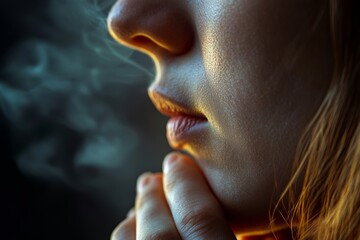Unforeseen Discomfort: A Woman Experiences a Sudden Cough, Close-up of a woman coughing and feel chest pain. Generative AI