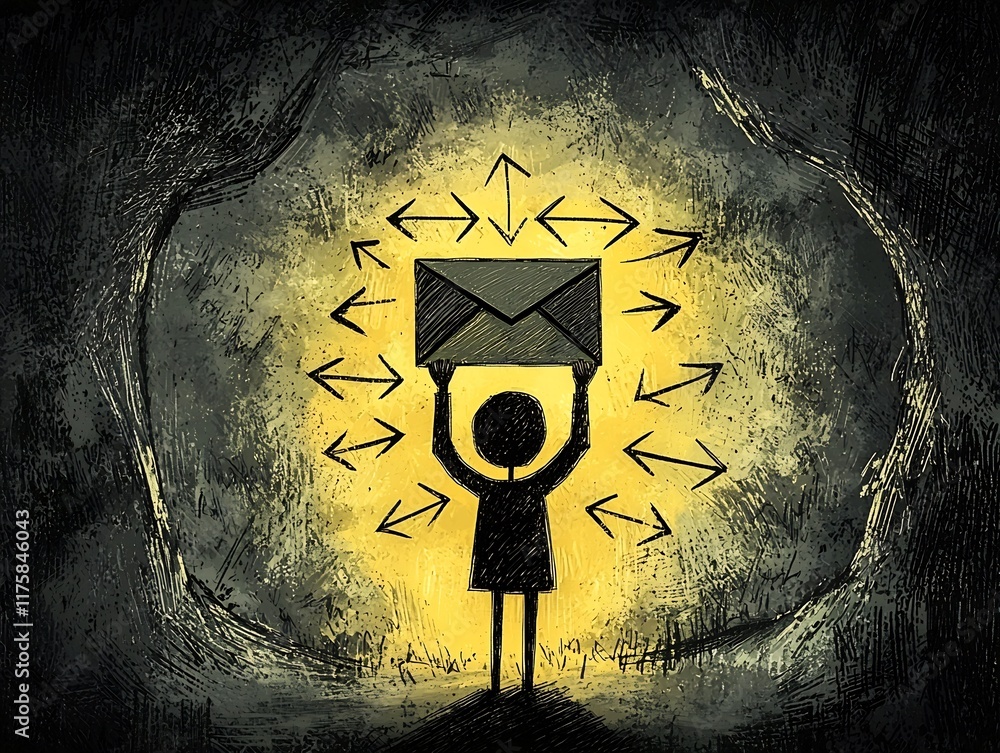 Poster hand drawn depicting a person grasping a mail envelope surrounded by intersecting arrows representin