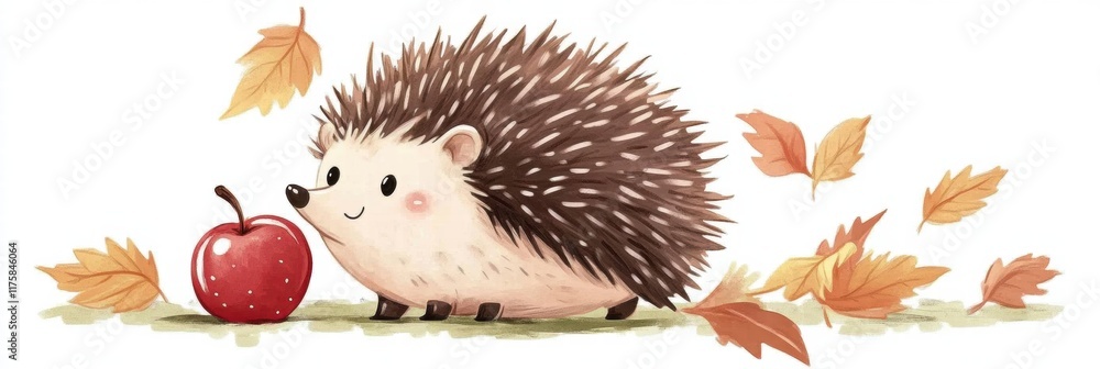 Poster cute hedgehog enjoying an autumn day with falling leaves and a red apple on the ground. generative a