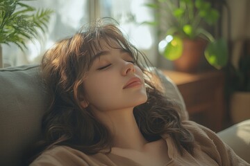 Young woman enjoying mind free moment relax and calm on the sofa at home. Generative AI