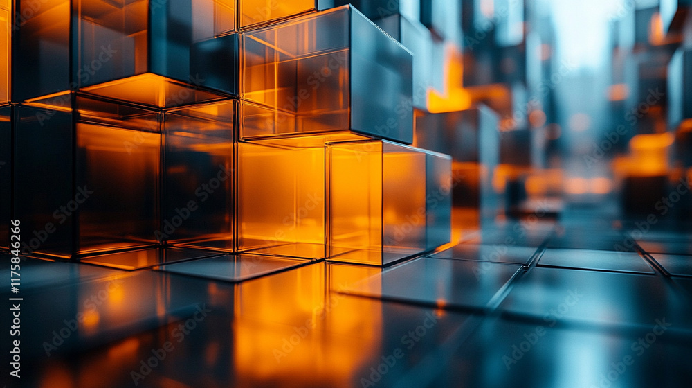 Poster modern 3d render showcasing neatly aligned glossy blocks in vibrant orange and yellow tones symboliz