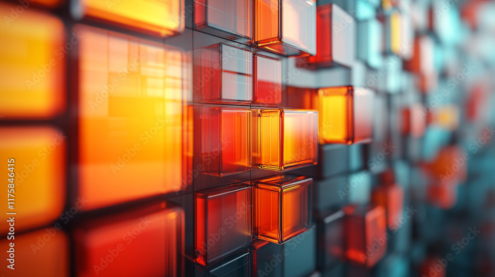 Poster modern 3d render showcasing neatly aligned glossy blocks in vibrant orange and yellow tones symboliz