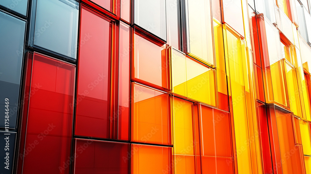 Poster modern 3d render showcasing neatly aligned glossy blocks in vibrant orange and yellow tones symboliz