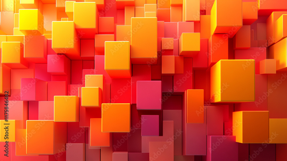Poster modern 3d render showcasing neatly aligned glossy blocks in vibrant orange and yellow tones symboliz