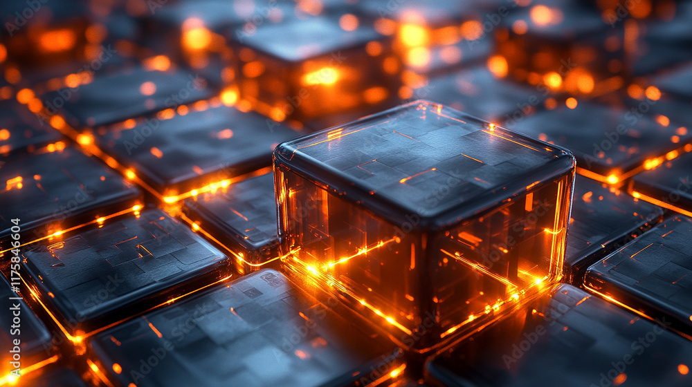 Poster modern 3d render showcasing neatly aligned glossy blocks in vibrant orange and yellow tones symboliz