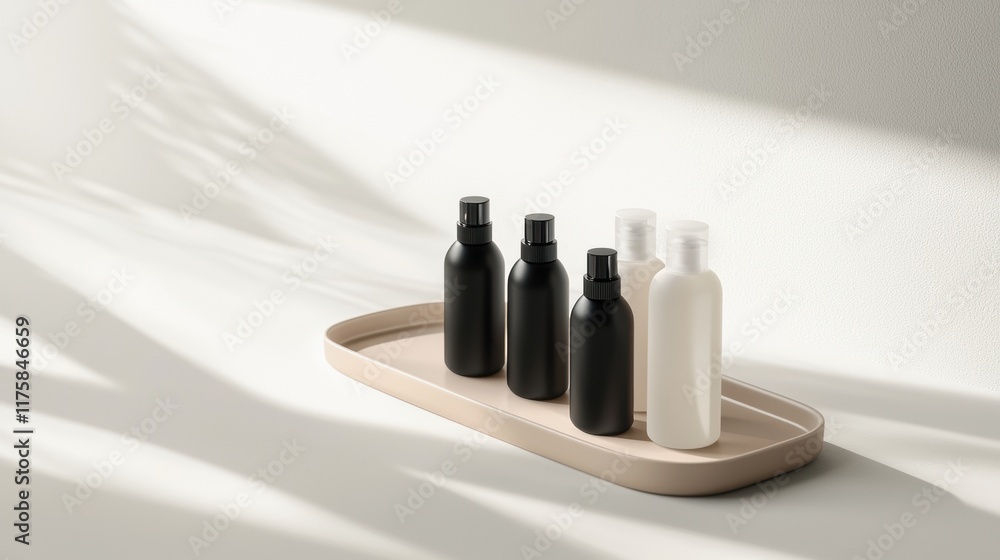 Poster set of four black and white bottles on a beige tray. the bottles are arranged in a row, with the lar