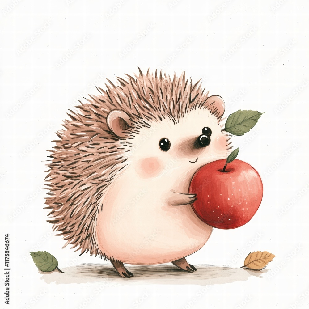 Poster cute hedgehog holds a red apple in a whimsical illustration with leaves around in a playful setting.