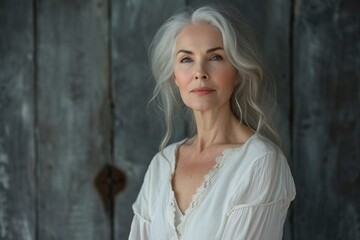 Fototapeta premium Portrait of an elegant older woman with long gray hair, wearing a white blouse, set against a rustic wooden background, conveying grace and serenity.