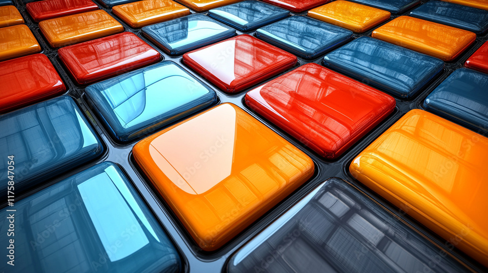 Poster modern 3d render showcasing neatly aligned glossy blocks in vibrant orange and yellow tones symboliz