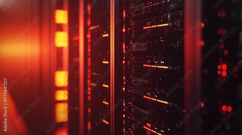 Poster intricate data center server racks glowing with red lights