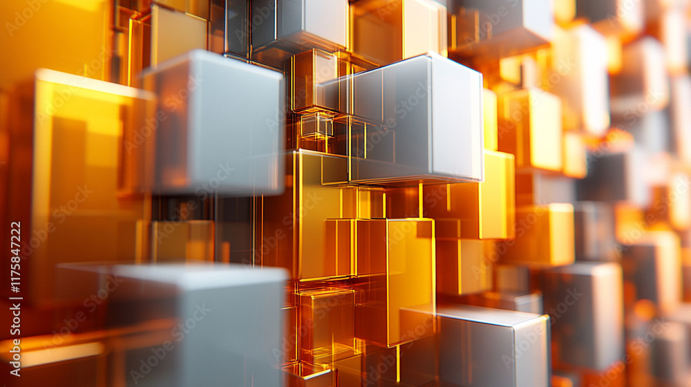 Poster modern 3d render showcasing neatly aligned glossy blocks in vibrant orange and yellow tones symboliz