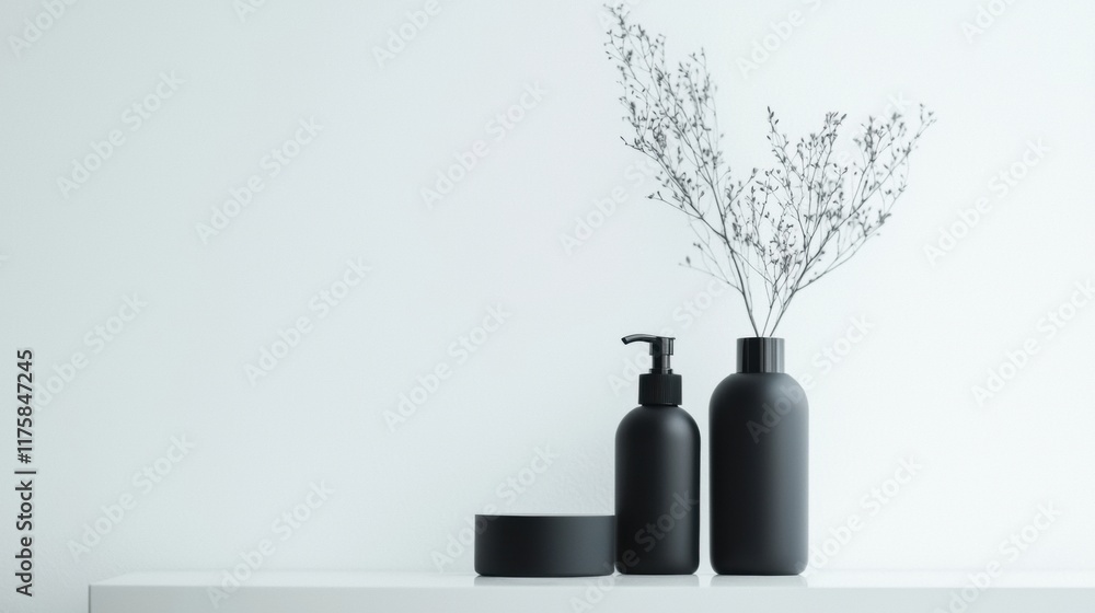 Poster white shelf with two black bottles on it. the bottles are cylindrical in shape and have a pump dispe