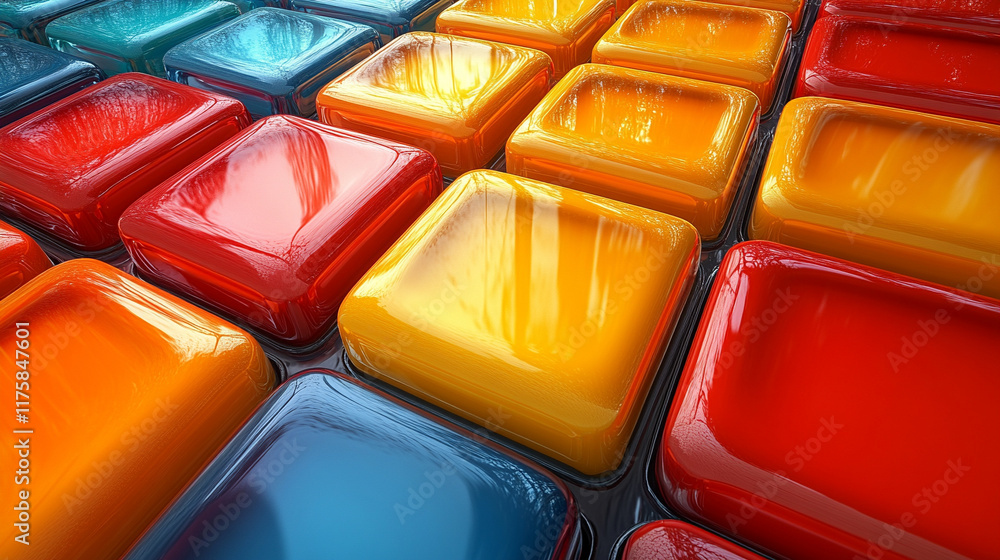 Poster modern 3d render showcasing neatly aligned glossy blocks in vibrant orange and yellow tones symboliz