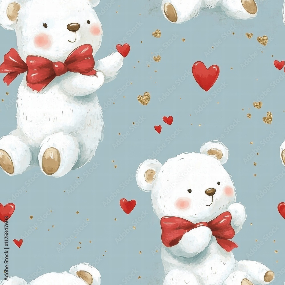 Aufkleber cute white teddy bears with red bows and hearts on a light blue background create a playful and chee