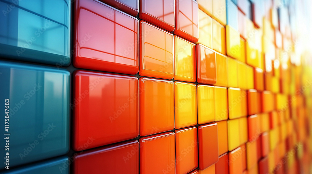 Poster modern 3d render showcasing neatly aligned glossy blocks in vibrant orange and yellow tones symboliz