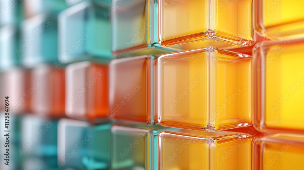 Poster modern 3d render showcasing neatly aligned glossy blocks in vibrant orange and yellow tones symboliz