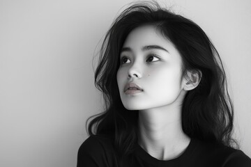 portrait asian young woman questioning and looking away isolated on background Generative AI