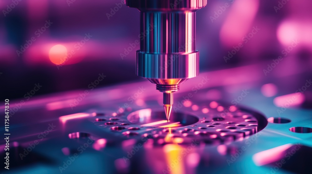 Aufkleber close-up of a cnc laser cutting machine engaged in precision metalwork with colorful lighting effect