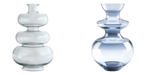 Tired glass vase multiple with leaves isolated on transparent background, Set of