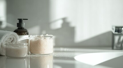 Bathroom countertop with a sink and a towel on it. on the left side of the countertop, there is a black soap dispenser with a pump dispenser.