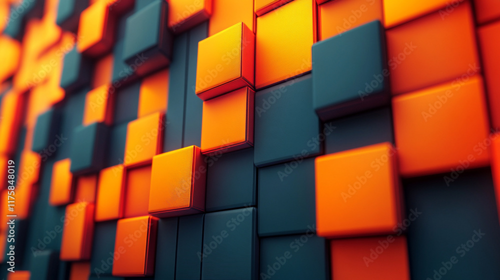 Poster modern 3d render showcasing neatly aligned glossy blocks in vibrant orange and yellow tones symboliz